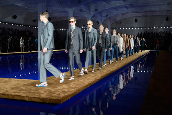Catwalk for Prada Menswear Spring/Summer 2015 collection by OMA | Temporary structures