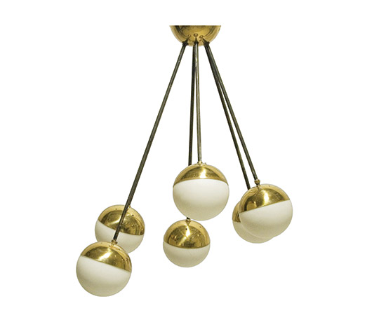 Chandelier with spherical opal glass diffuser and brass / metal supports