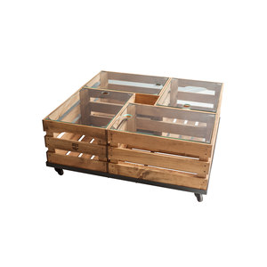WOODEN CRATES GLASS TABLE ON WHEELS