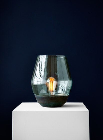 Bowl Table Lamp Verdigrised Copper w. Light Green Glass | Tischleuchten | NEW WORKS