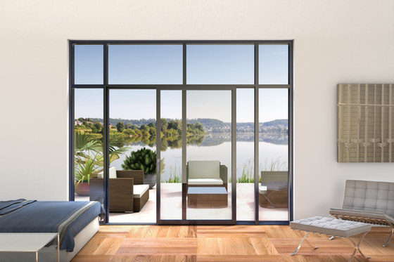 Parete vetrata Vista con porta-finestra alzante scorrevole Cristal integrata | Porte patio | Finstral