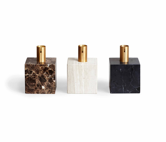Block Candle Holder Light Fossil Marble w. Brass | Candelabros | NEW WORKS