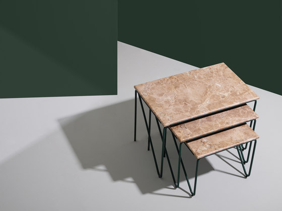 Tryptich Nesting Tables | Cedar Green with Monaco Brown Marble | Beistelltische | Please Wait to be Seated