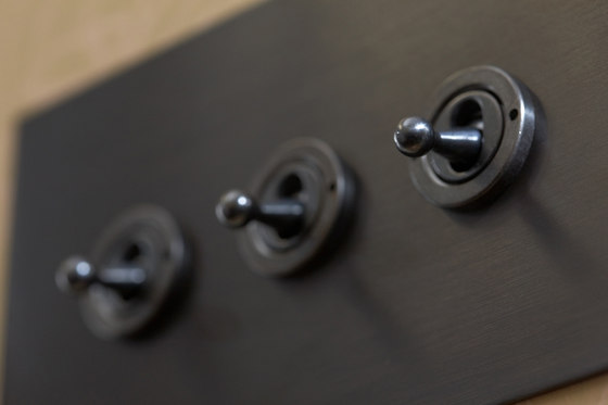 Unlacquered Brass four gang dolly and button dimmer | Kippschalter | Forbes & Lomax