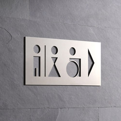 Panneau WC hommes et femmes avec personne en fauteuil roulant et flèche à droite | Pictogrammes / Symboles | PHOS Design