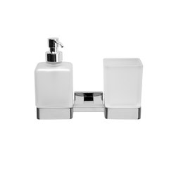 Lea Wall-mounted double support with satined glass tumbler and soap dispenser and chrome-plated brass pump |  | Inda