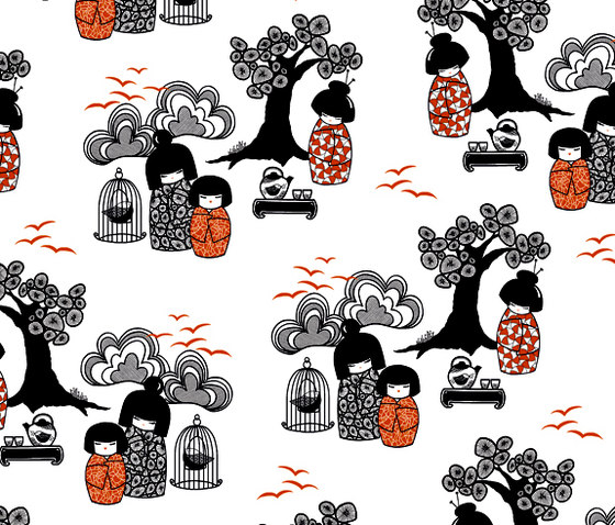 Kokeshi black I white I orange | Drapery fabrics | BANTIE