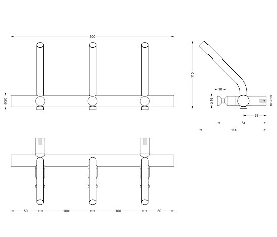 Wardrobe hook rail, purist, classic, 3 double hooks | Hook rails | PHOS Design
