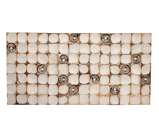 Cocomosaic wall tiles white patina with oval brown stamp | Mosaïques en coco | Cocomosaic