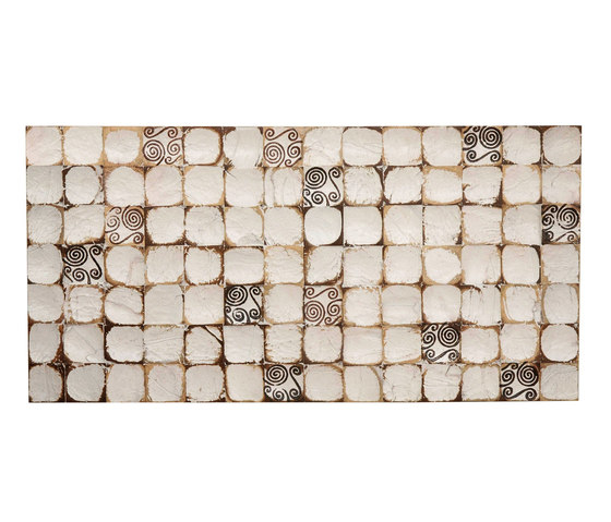 Cocomosaic wall tiles white patina with spiral brown stamp | Mosaicos de coco | Cocomosaic