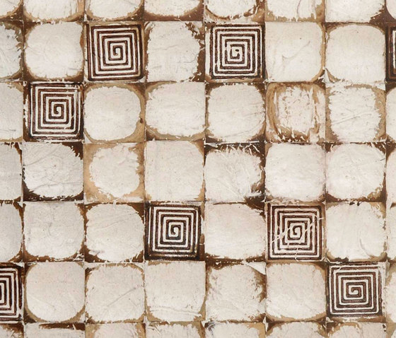 Cocomosaic wall tiles white patina with square brown stamp | Kokos Mosaike | Cocomosaic