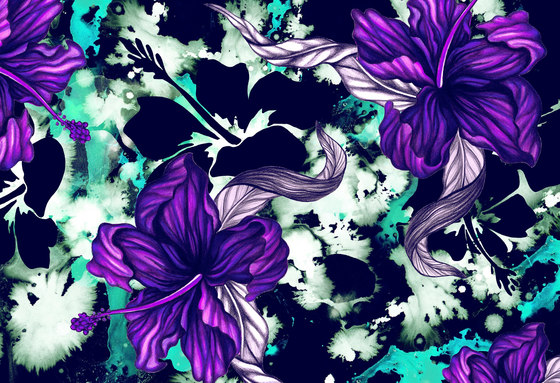 Abstract Backgrounds | Purple hibiscus flowers over abstract aqua white and navy background | Wood panels | wallunica
