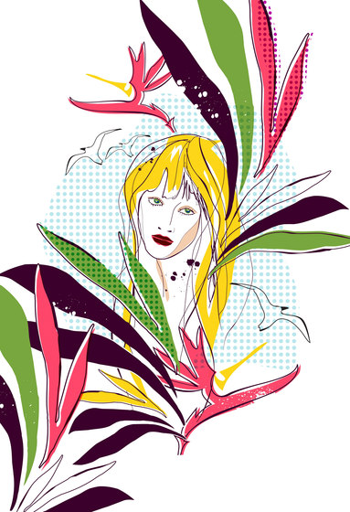 Surfin' Flower-Power | Hippie-Frau mit Paradiesvögeln | Holz Platten | wallunica