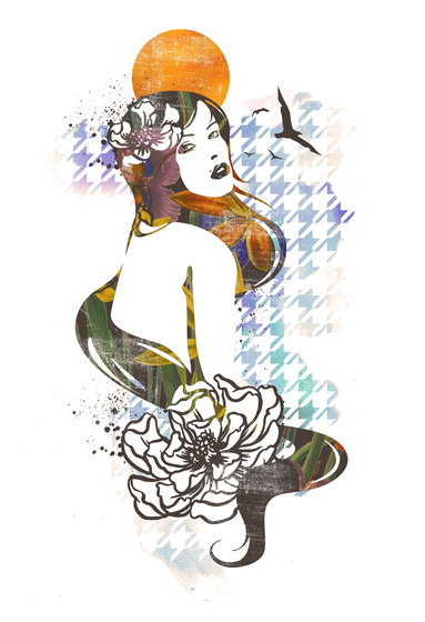 Surfin' Flower-Power | Hippie-Frau mit Hahnentritt-Design | Wandbilder / Kunst | wallunica