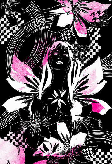 Surfin' Flower-Power | Frau mit tropischem Blumen-Design | Wandbeläge / Tapeten | wallunica