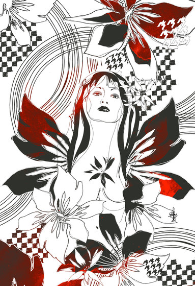 Surfin' Flower-Power | Femme entourée d'illustration fleur tropicale | Panneaux de bois | wallunica