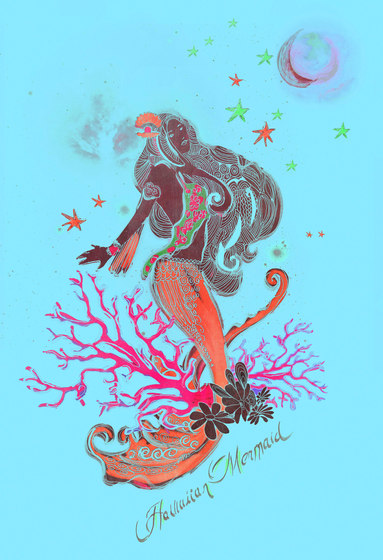 Surfin' Flower-Power | Celestial mermaid illustration | Wood panels | wallunica