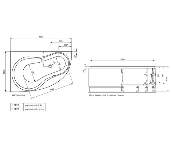 Aqua Raumspar-Badewanne 150 x 100 cm asymmetrisch links | Baignoires | Ideal Standard
