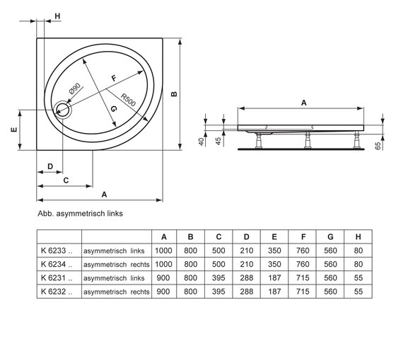 Aqua Viertelkreis-Brausewanne 90 cm asymmetrisch links | Bacs à douche | Ideal Standard