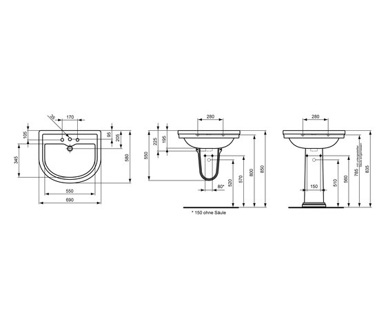 Calla Waschtisch 690mm (3 Hahnlöcher durchgestochen) | Wash basins | Ideal Standard