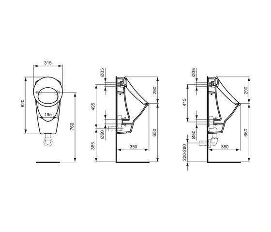 San ReMo Absaugeurinal Zu- und Ablauf verdeckt oder Ablauf senkrecht nach unten | Urinals | Ideal Standard