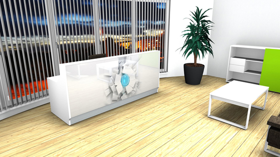 White Linea reception desk with graphic | Mostradores | MDD
