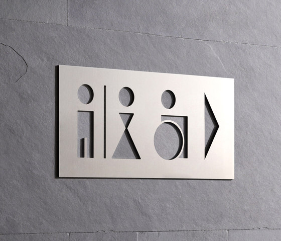 Panneau WC hommes et femmes avec personne en fauteuil roulant et flèche à droite | Pictogrammes / Symboles | PHOS Design
