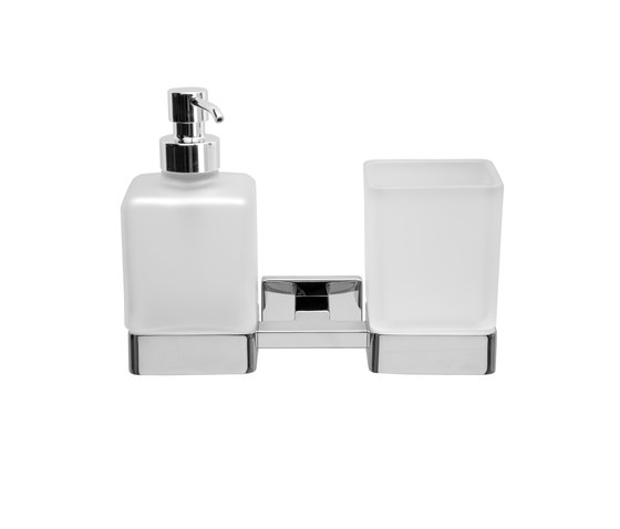 Lea Wall-mounted double support with satined glass tumbler and soap dispenser and chrome-plated brass pump | Soap dispensers | Inda