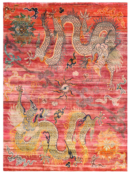 Kundan Pure Silk Confronted Dragons with Peonies | Tapis / Tapis de designers | Zollanvari