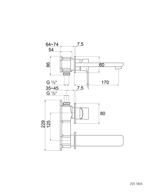 205 1804 Wall mounted single lever basin mixer (Finish set) | Wash basin taps | Steinberg