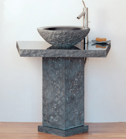 Vessel Pedestal and Countertop with Beveled Round Vessel, Black Granite | Wash basins | Stone Forest