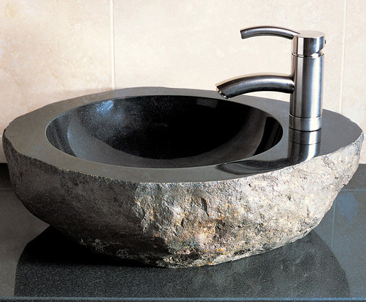 Natural Vessel Sink with Faucet Mount, Black Granite | Wash basins | Stone Forest