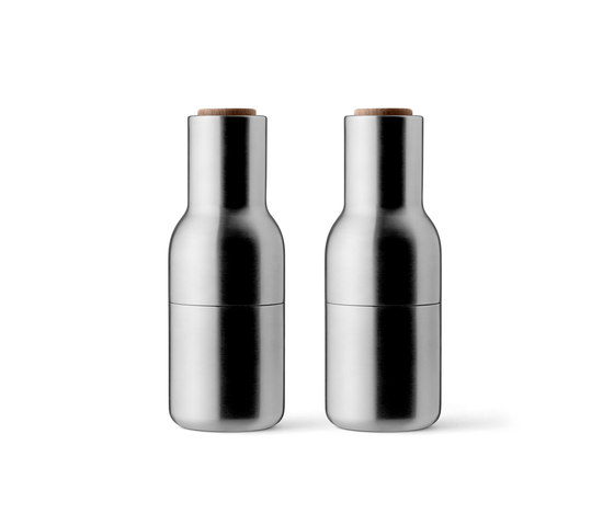 Bottle Grinder | Brushed Stainless Steel w. Walnut Lid, 2-pack | Salt & pepper shakers | Audo Copenhagen