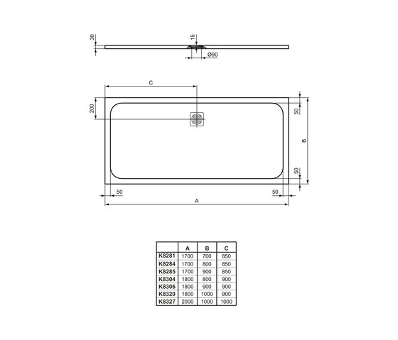 Ultra Flat S Rechteck-Brausewanne 1700 x 700 mm, Ablauf mittig | Duschwannen | Ideal Standard