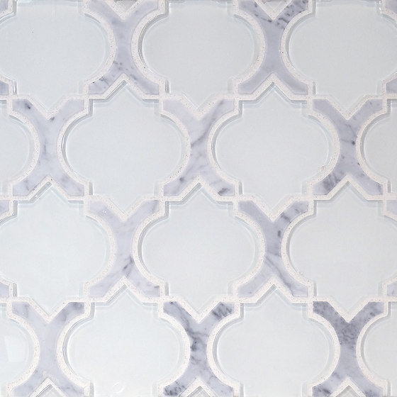 The Tile District | Danelli-C-Arabesque in Frosted White Glass with Carrara Marble Border | Mosaïques verre | Tango Tile