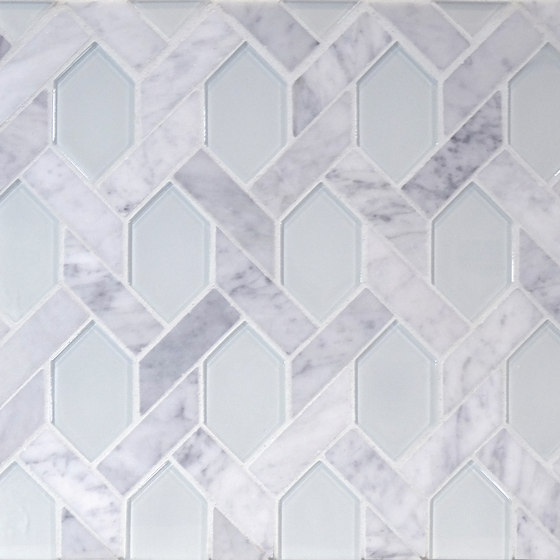 The Tile District | Astoria-C-Elongated Hexagon in Carrara Marble with Super White Glass Insert | Glass mosaics | Tango Tile