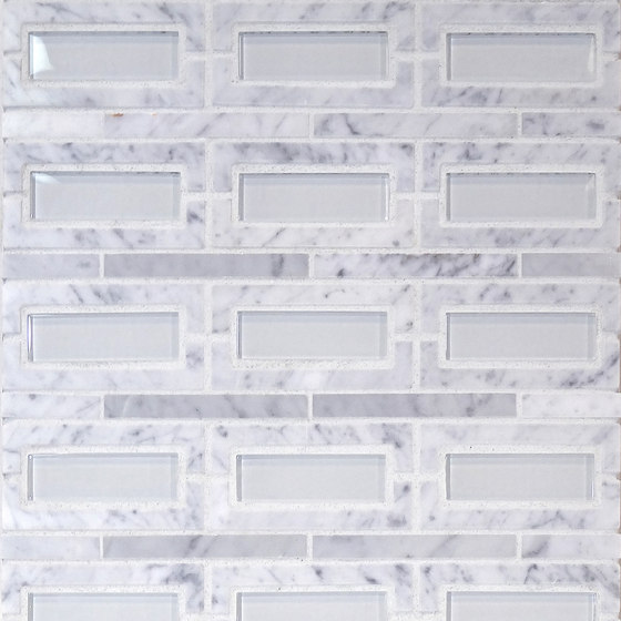 The Tile District | Peninsula-Rectangle Carrara Marble with Super White Glass Insert | Glas Mosaike | Tango Tile