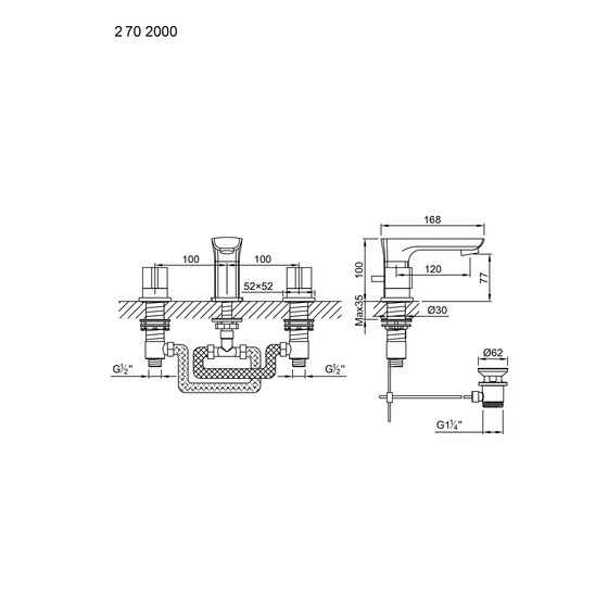 270 2000 3-hole basin mixer wall mounted | Wash basin taps | Steinberg