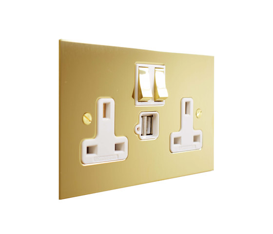 Unlacquered Brass double 13amp socket with USB | Prese inglesi | Forbes & Lomax