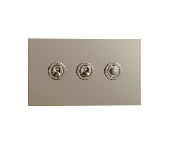 Nickel Silver three gang dolly and button dimmer | Interruptores a palanca | Forbes & Lomax