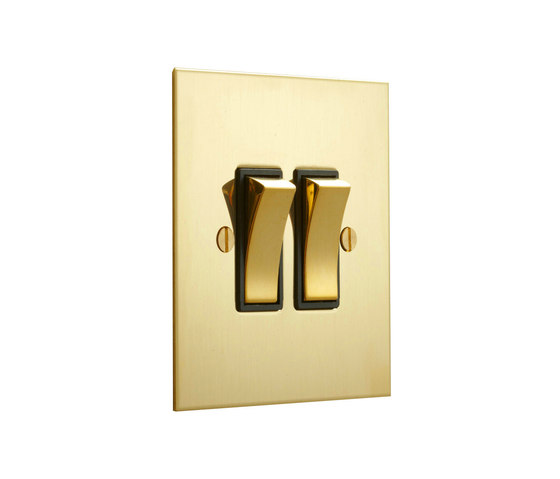 Unlacquered Brass two gang rocker with black insert | Two-way switches | Forbes & Lomax
