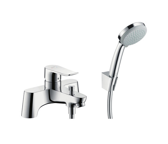 hansgrohe Metris 2-hole rim mounted bath mixer with diverter valve and Croma 100 Vario hand shower | Bath taps | Hansgrohe