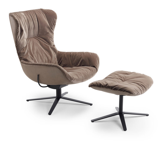 Leya | Wingback Chair with x-base frame with rocker / tilting mechanism & Ottoman | Poltrone | FREIFRAU MANUFAKTUR