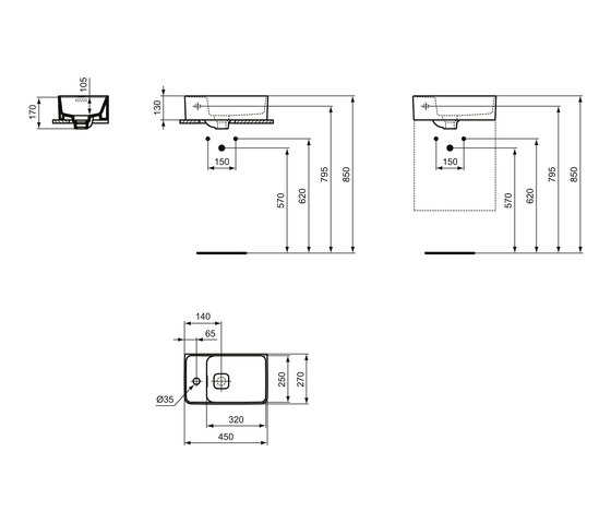 Strada II Handwaschbecken 450 mm (Armaturenbank links) | Waschtische | Ideal Standard
