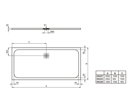 Ultra Flat S Rechteck-Brausewanne 2000 x 900 mm, Ablauf mittig | Shower trays | Ideal Standard
