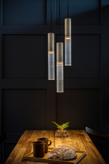 Flume | 50 Pendant - 6 Drop Grouping - Antique Brass & Frosted Reeded Glass | Suspended lights | J. Adams & Co