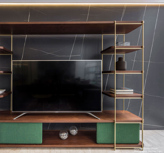Julia Oak wood TV set furniture with hanging shelf | Regale | Momocca