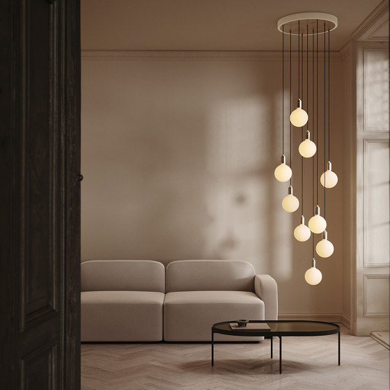 Brass Nine Pendant with Large White & Brass Canopy and Sphere IV Bulbs | Suspensions | Tala
