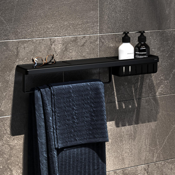 Frame Full Black | Shelf With Towel Rail And Shower Basket Black | Bath shelves | Geesa