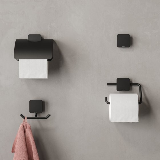 Topaz Black | Toilet roll holder with shelf Black | Bath shelves | Geesa